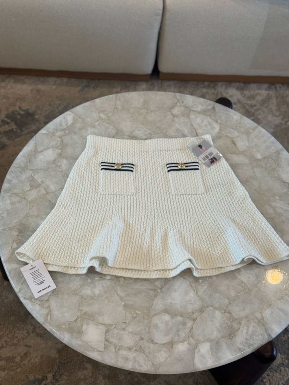 Self-Portrait Cream Knit A-Line Skirt with Black Trim and Gold Buttons